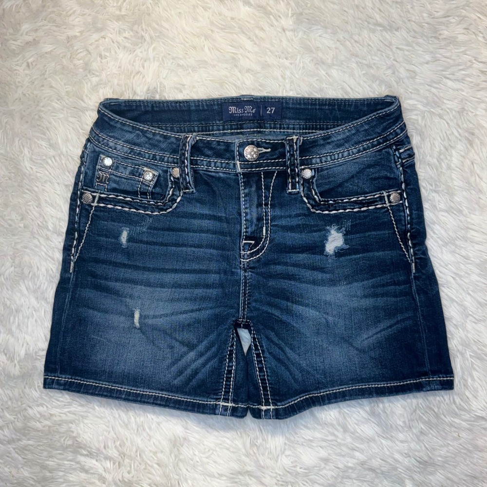 Miss Me Mid-Rise Shorts sz27 Distressed Dark Wash Denim with Rhinestones